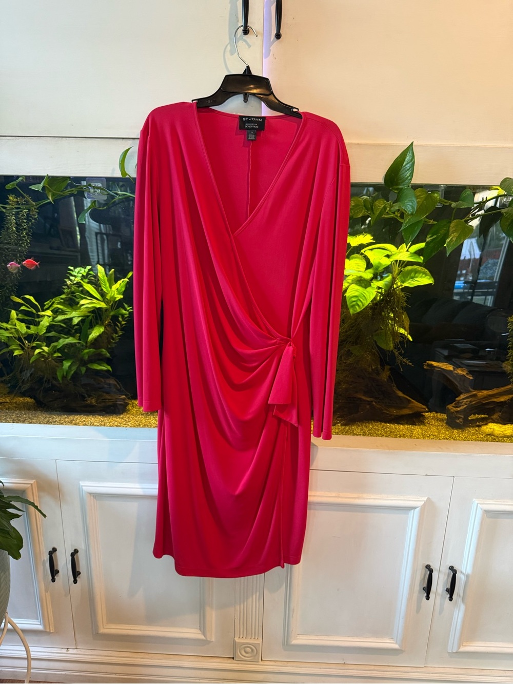 St. John Bright Pink Draped Knot-Detail Long Sleeve Dress